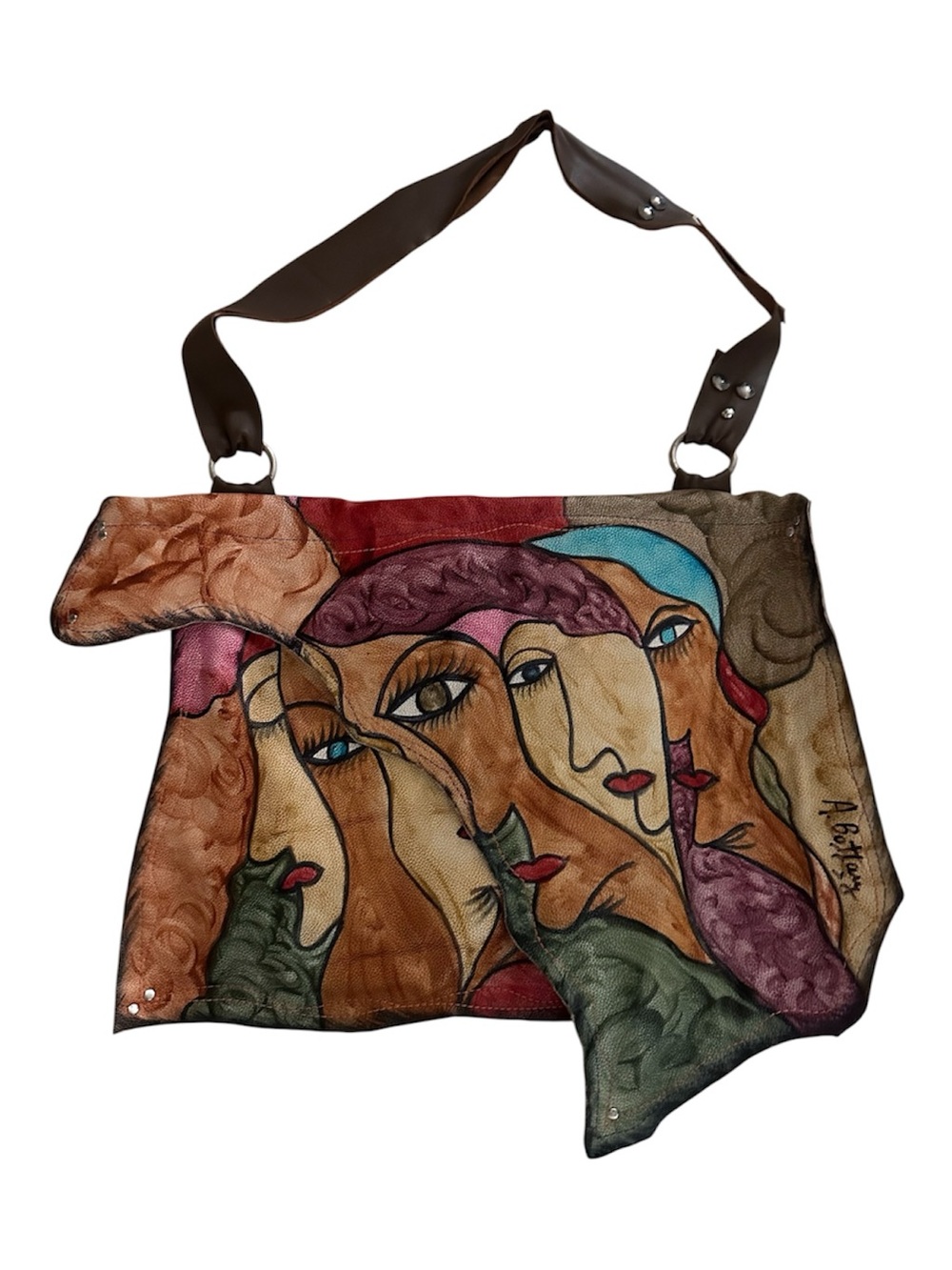 Hand-Painted Multicolor Leather Shoulder Bag by ABottery